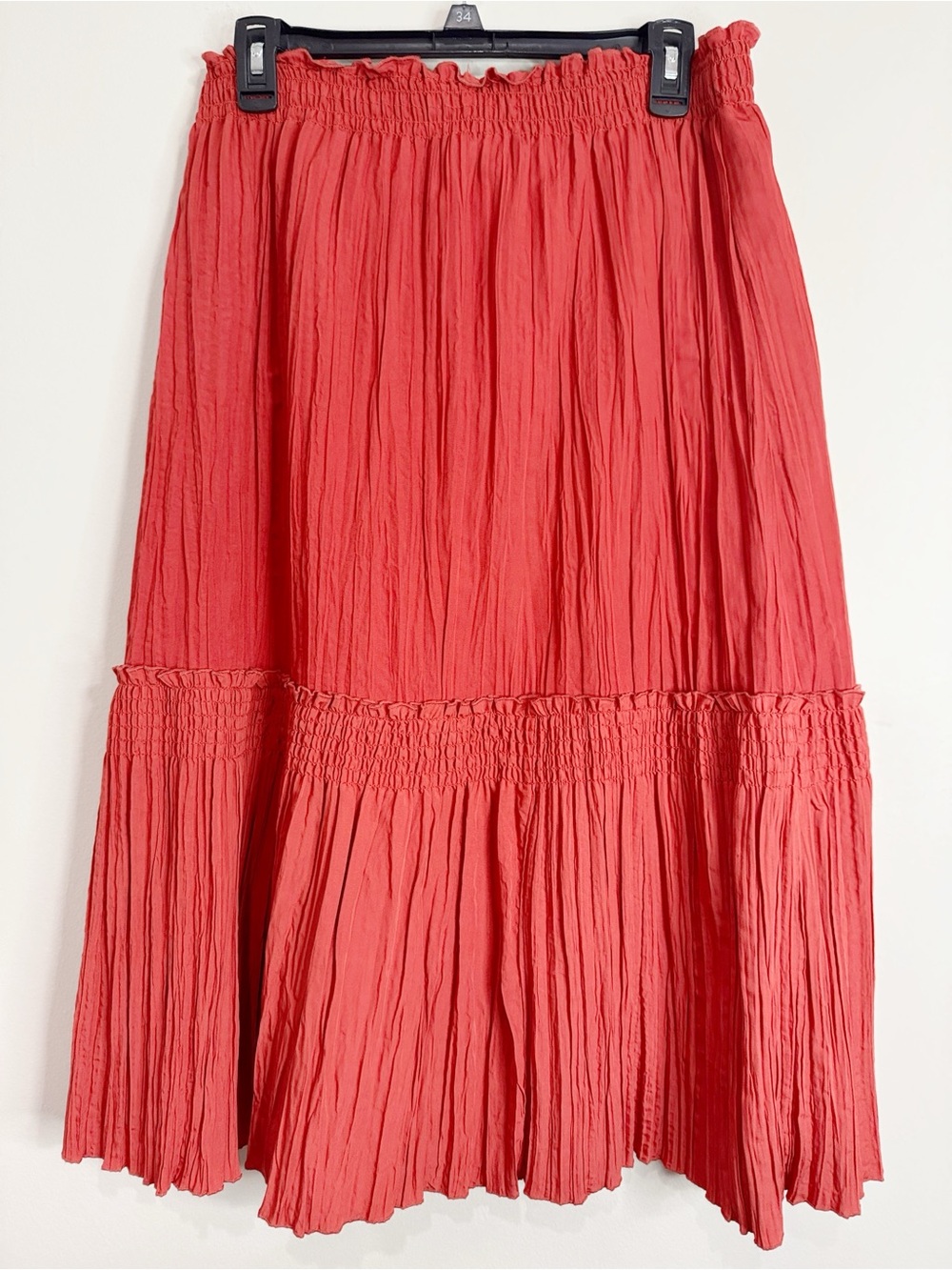 Vintage Coral Red Tiered Maxi Broomstick Crinkle Smocked Y2K Skirt size 12